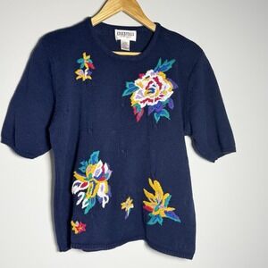 Vtg Embroidered Floral Short Sleeve Sweater Navy Ramie Cotton Top‎ Size L Boho